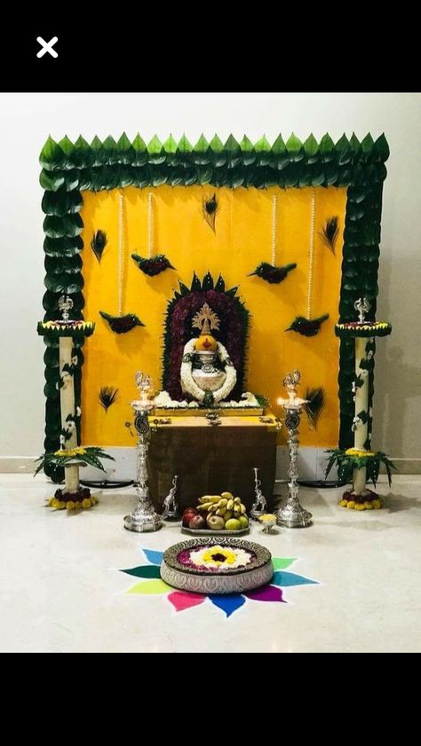 Varalakshmi Pooja, Mandir Decoration, Ganesh Chaturthi Decoration, Pooja Decoration, Ganpati Decoration At Home, Decoration Pictures, Ganapati Decoration, Decoration For Ganpati, Housewarming Decorations