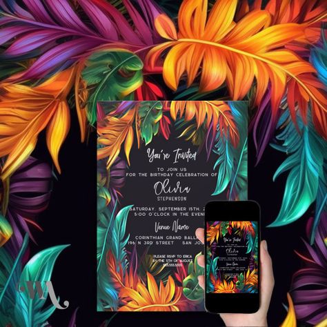 Havana Party Invitations, Tropical Neon Party, Contact Us Illustration, Tropical Wedding Theme Colors, Tropical Night Party, Bar Murals, Tropical Birthday Decorations, Tropical Birthday Invitations, Tropical Neon