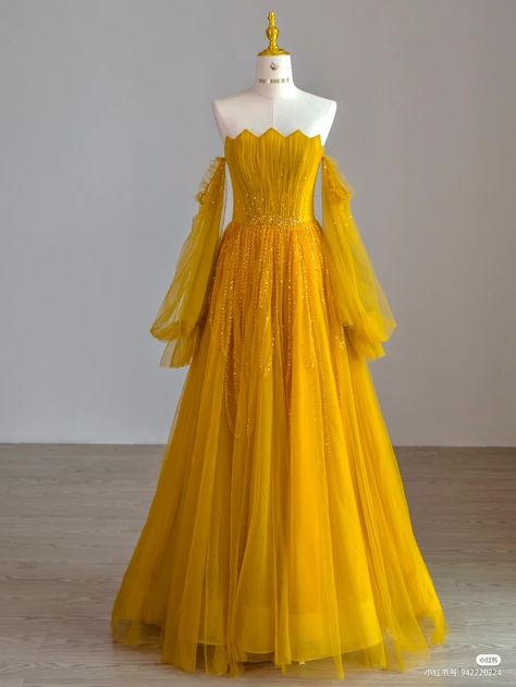 Yellow Long Sleeve Prom Dress, Fancy Dresses Yellow, 귀여운 음식 그림, Yellow Gown, Wedding Party Outfits, Fantasy Dresses, Gowns Wedding, Pretty Prom Dresses, Embroidered Tulle