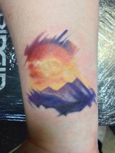 colorado tattoo - Google Search Colorado C Tattoo, Colorado Flag Tattoo, Watercolor Sunset Tattoo, Colorado Tattoo Ideas For Women, Mountain Sunset Tattoo, Matchy Tattoos, Colorado Tattoos, Outdoor Tattoo, Colorado Tattoo