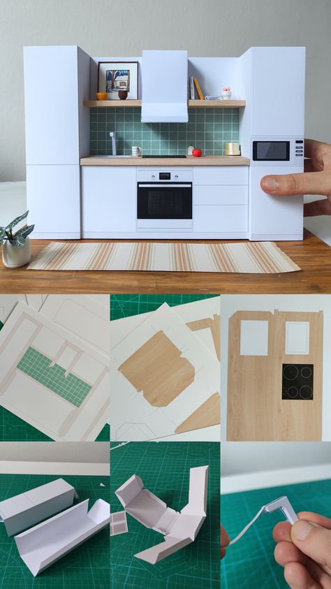 Craft a modern 1/12 scale paper kitchen with this printable PDF template. Ideal for dollhouse projects and hobby miniature makers.