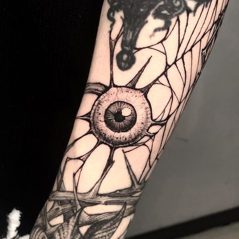 Creepy Elbow Tattoo, Eye Tattoo Creepy, Creepy Sun Tattoo, Eye Ball Tattoos, Gore Tattoos, Chestpiece Tattoo, Bullet Tattoo, Hand Tattoo Designs, Eye Tattoos