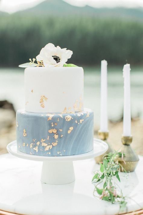 Two tier marble dusty light blue wedding cake with gold foil anenome | Custom Cakes by Krystle | Peachy Keen Coordination | Heather Mills Photography  #peachykeencoordination #goldfoil #weddingcake Wedding Cake Dusty Blue, March Wedding Colors, Light Blue Wedding Cake, Cakes Simple, Blue Wedding Cake, Pretty Wedding Cakes, Summer Wedding Cakes, March Wedding, Simple Elegant Wedding