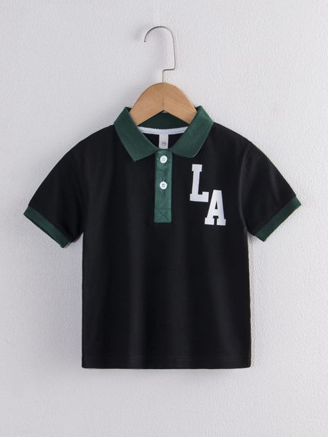 Black Casual  Short Sleeve Cotton Letter  Embellished Slight Stretch Summer Toddler Boys Clothing Pre Promo, Toddler Boy Outfits, Boys Clothing, Contrast Trim, Polo Shirts, Black Casual, Sleeve Cotton, Toddler Boys, Boy's Clothing