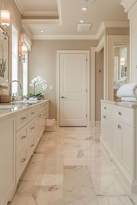 29 Neutral Bathroom Decor Ideas You Will Love - My Elegant Home Cream Colored Tile Bathroom, Beige Bathroom With Gold Fixtures, Cream Shower Tile Ideas, White And Taupe Bathroom, Taupe And White Bathroom, Timeless Primary Bathroom, Travertine Bathroom Modern, French Country Bathroom Tile, Crema Marfil Bathroom