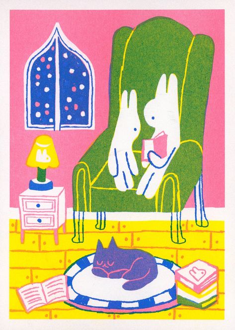 Dog Illustration Art, Rabbit Illustration, Riso Print, Winter Animals, Dog Illustration, Cozy Winter, Funky Art, Animal Illustration, Creative Process