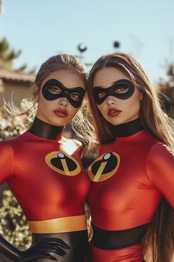 ↑↑↑ Larger size on website 🔸 Two women are dressed as Elastigirl from the movie The Incredibles. They both wear red and black sui Incredibles Logo, Hair Flow, Warm Lighting, Wear Red, Long Brown Hair, Outdoor Setting, Black Mask, Wearing Red, Black Suits