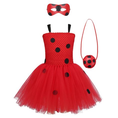 Kids Girls Halloween Cosplay Party Costume Sleeveless Polka Dots Mesh Tutu Dress with Eye Mask Bag Set SZ 2-10 | Wish Diy Doll Tent, Miraculous Ladybug Costume, Princess Costumes For Girls, Christmas Tutu Dress, Bug Costume, Barbie Chelsea Doll, Costume Tutu, Ladybug Costume, Best Friend Halloween Costumes