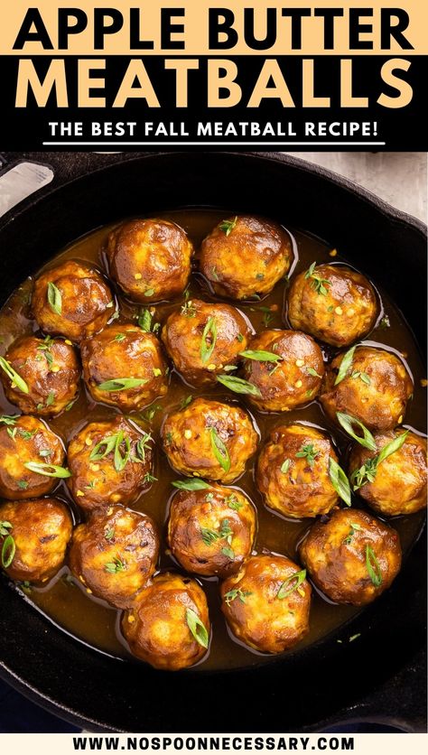 Overhead photo of apple butter glazed chicken meatballs in a black cast iron skillet. Fall Meatballs, Apple Meatballs, Holiday Meatballs, Chicken Meatball Recipe, Meatballs Recipes, Chicken Meatball, Chicken Apple, Chicken Meatball Recipes, Butter Glaze