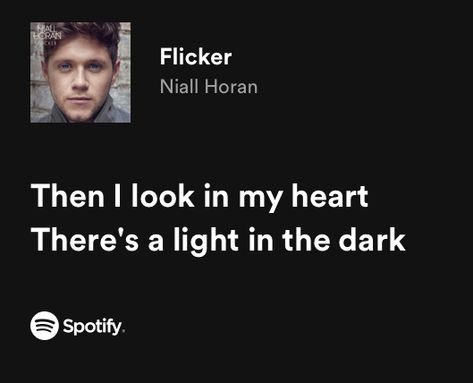 Then I look in my heart there’s a light in the dark Flicker Niall Horan, Niall Horan Lyrics, Spotify Lyrics, Just Lyrics, Song Playlist, Niall Horan, In The Dark, Song Lyrics, Light In The Dark