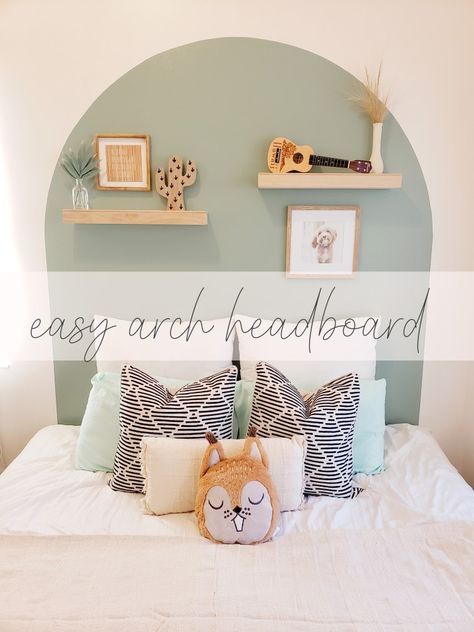 Spare Bedroom Study Ideas, Headboard Painting, Toddler Bedroom Makeover, Easy Headboard, Painted Arch, Girls Bedroom Paint, Space Dimension, Painted Headboard, Green Baby Room