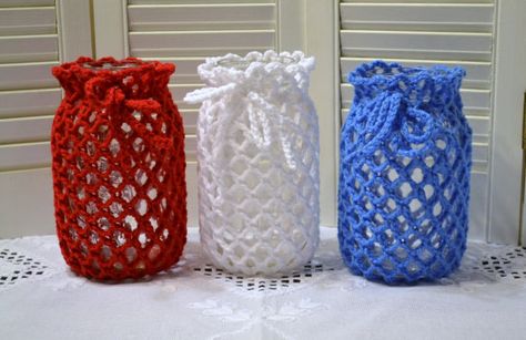 Crochet Candle Holder Luminaire Lantern Mason by LittlestSister Crochet Candle Holder, Crochet Candle, Crochet Jar Covers, Mason Jar Cozy, Jar Covers, Blue Flower Vase, Crochet Decoration, Christmas Crochet Patterns, Mason Jar Crafts