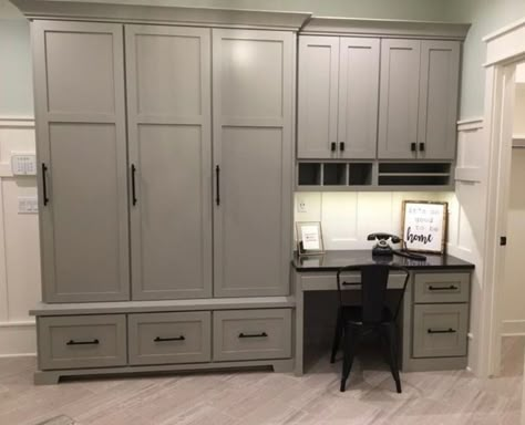 Mud Room With Desk Built Ins, Boot Room And Office, Mud Room Desk Built Ins, Mudroom Lockers With Desk, Mud Room And Office Combo, Drop Zone Office Combo, Drop Zone Lockers With Doors, Hidden Drop Zone, Drop Zone With Desk