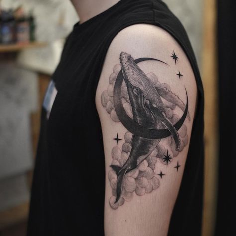 Moon Tattoos: Whale in the Clouds and Moon. A shaded whale and moon tattoo with stars and swirling clouds. Click through for 53 moon tattoo ideas. #moontattoo #tattoos #tattooideas IG: @tattoograin Narwhal Tattoo, Orca Tattoo, Moon Tattoos, Crescent Moon Tattoo, Whale Tattoos, Planet Tattoos, Cloud Tattoo, Ocean Tattoos, Space Tattoo