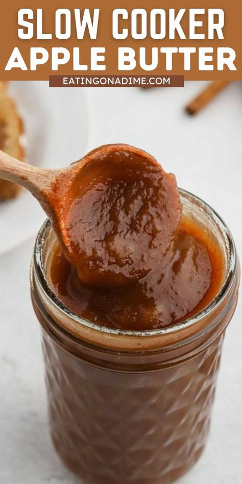 Homemade Slow Cooker Apple Butter is full of warm flavor and spices. You only need a few ingredients and this delicious apple butter makes a easy gift. This is a great recipe to stock up your freezer to have batches of it year round. This crock pot apple butter is delicious on toast, biscuits and pancakes. Make a batch today and enjoy all fall season long. #eatingonadime #slowcookerapplebutter #applebutter Apple Brown Sugar, Apple Butter Crock Pot, Slow Cooker Apple, Slow Cooker Apple Butter, Freezing Apples, Apple Butter Recipe, Homemade Apple Butter, Slow Cooker Apples, Butter Crock