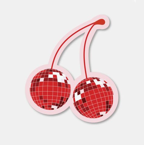 Disco balls + cherries? Yes, please! Vinyl Sticker High quality sticker / W: 2.5 inch H: 3 inch Cherry Tattoos, Blue And White Art, Stickers Ideas, Y2k Design, Brand Stickers, Kiss Stickers, Disco Balls, School Stickers, Graphic Design Lessons