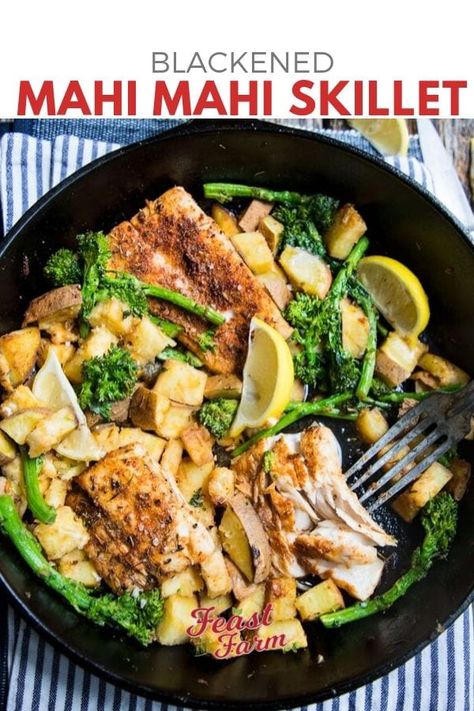 Gluten, grain and diary free whole food dinner alert! Blackened mahi mahi and vegetables in your cast iron skillet is a fast dinner wonder. This is a great way to help your family learn to love fish. Ready in 30 minutes too! #mahimahirecipe #pansearedmahimahi #blackenedmahimahi #feastandfarm Mahi Mahi Sweet Potato, Blackened Mahi Mahi, Canned Baked Beans, Pan Dishes, Iron Skillet Recipes, Cast Iron Skillet Recipes, Vegetable Prints, Fast Dinners, Fresh Broccoli