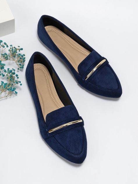 Metallic Decor Suede Loafers Suede Loafers Women, Look Working Girl, Metallic Decor, Blue Loafers, Women Flats, Fancy Shoes, Elegant Shoes, Pointed Toe Flats, Suede Loafers