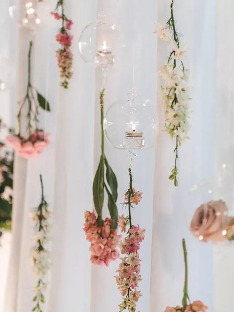 Hanging Faux Flowers From Ceiling, Flower Decor For Birthday, Flowers Falling From Ceiling, Hanging Floral Wedding Backdrop, Strung Flowers Backdrop, Flowers Hanging Upside Down, Flowers Hanging Over Table, Hanging Roses Decor, Diy Floral Ceiling Hanging Flowers