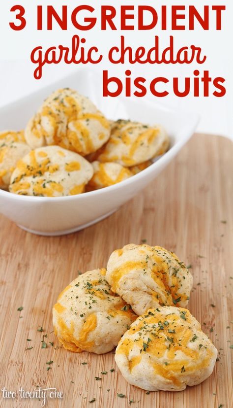 Garlic Cheddar Biscuits - Two Twenty One Garlic Cheddar Biscuits, Garlic Biscuits, Baking Biscuits, Garlic Cheddar, Three Ingredient Recipes, Cheddar Biscuits, 3 Ingredient Recipes, Cheese Biscuits, Crumpets