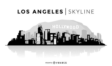 United States' Los Angeles skyline design in black. You can see the most important buildings and the Hollywood design on the back. The design is isolated and in Hollywood Skyline Silhouette, Los Angeles Skyline Drawing, Los Angeles Skyline Tattoo, Handbook Design, City Outline, Skyline Tattoo, Skyline Drawing, Skyline Illustration, Tactile Design