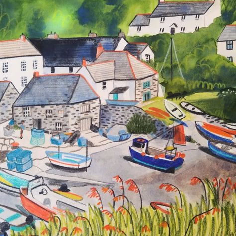 Cadgwith Cove, Cornwall. I've definitely drawn this view before because I knew the houses really well! More details than I usually go for - I just love all those little cottages 💙 . . . #landscapeillustration #landscapesketch #cornwallart #cottages #seasideart #cornwalluk #landscapeartist #childrensillustration Cornwall Painting, Sea Scapes, Little Cottages, Seaside Art, Landscape Sketch, March 27, Landscape Illustration, Landscape Artist, Natural Forms