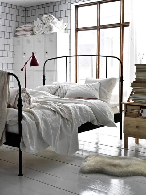 Lillesand Bed, Guest Bedroom Inspiration, Wrought Iron Bed Frames, Industrial Bed, Industrial Bedroom Design, All White Bedroom, Wrought Iron Beds, Ikea New, Wrought Iron Bed