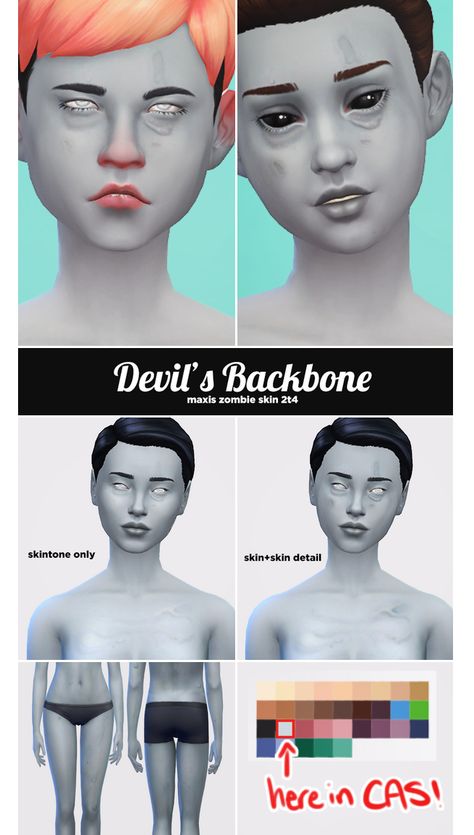 DEVIL'S BACKBONE - MAXIS ZOMBIE SKIN 2T4 - PYXIS SIMS Demon Teeth, Zombie Pose, Zombie Skin, Cc Skin, Vampire Stuff, Sims Stories, Demon Days, Skin Details, Sims 4 Cc Skin