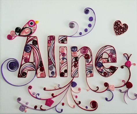 tableau prénom quilling Aline. Réalisé par Les Loisirs Créatifs d'Eugénie avec la technique du quilling (papier roulé ou paperolles) www.creatifs-loisirs.com Name Quilling, Quilling Letters, Paper Quilling Tutorial, Paper Quilling Jewelry, Table Name, Quilled Creations, Quilling Tutorial, Quilling Jewelry, Table Names