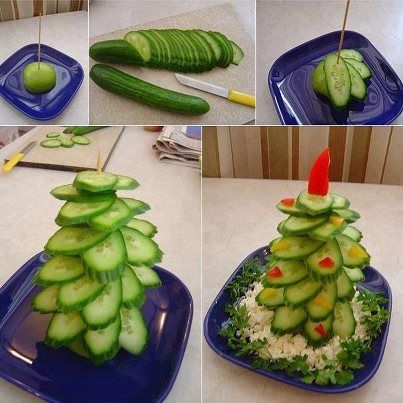 Cucumber Christmas Tree, apple base and then cauliflower snow and parsley greens, red & yellow bell peppers Christmas Vegetables, Diy Tree Decor, Easy Christmas Treats, Christmas Platter, Vegetable Platter, Alternative Christmas, Healthy Christmas, Alternative Christmas Tree, Veggie Tray