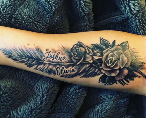 Rose And Feather Tattoo For Women, Forearm Tattoo Women For Son, Childrens Name Tattoos For Mom, Rose And Feather Tattoo, Name Cover Up Tattoos For Women, Feminine Forearm Tattoo, Girl Cross Tattoos, Tattoos For Childrens Names, Feather Tat