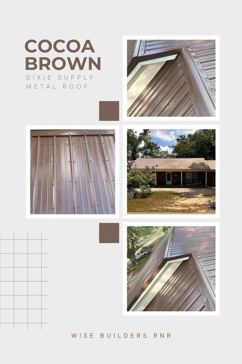 Dixie Supply Metal Roof in the color Cocoa Brown. Showcased on a home with white siding and accessories.🏡 Brown Metal Roof, White Siding, Brown Roof, Metal Roofing, Cabin Living, Cocoa Brown, House Paint, House Paint Exterior, Metal Roof