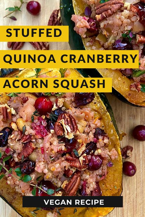 This meal is perfect to serve at Thanksgiving or as a super healthy and satisfying dinner. Stuffed with quinoa, cranberries, apples, chickpeas and much more. Vegan & Gluten Free. And delicious. #vegan #thanksgivingdinner #veganthanksgiving #fallmeal #falldinner #squash #vegandinner #veganmealidea Vegan Acorn Squash Recipes, Acorn Squash Baked, Stuffed Acorn Squash Vegetarian, Quinoa Stuffed Acorn Squash, Acorn Squash Recipe, Roasted Acorn Squash, Stuffed Acorn Squash, Acorn Squash Recipes, Vegan Quinoa