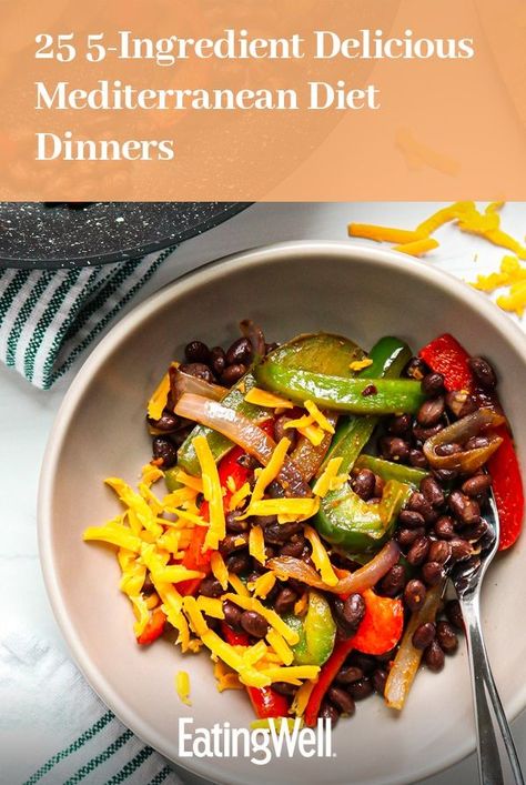 Black Bean Mediterranean Recipes, Black Bean Fajita Skillet, Light Mediterranean Dinner, Mediterranean Diet Easy Dinner, Mediterranean Black Bean Recipes, Clean Mediterranean Recipes, Simple Mediterranean Meals, Five Ingredients Or Less Recipes, 5 Ingredient Mediterranean Recipes