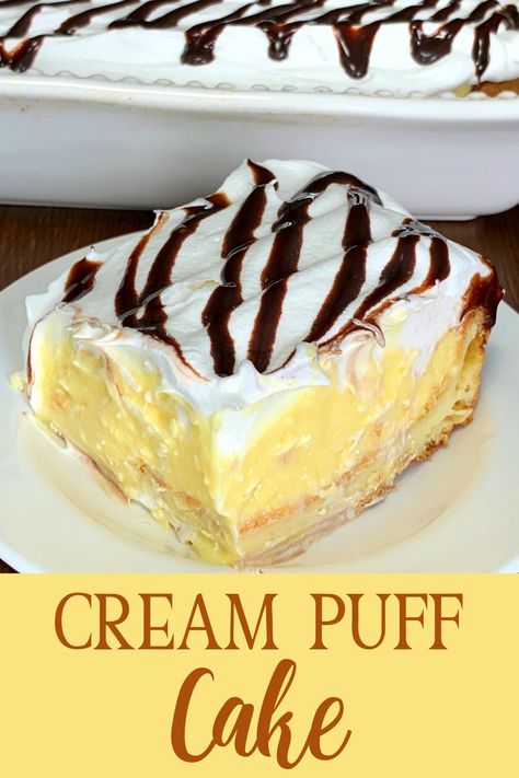 This homemade Cream Puff Cake is super EASY to make and tastes so good everyone will ask for this dessert recipe! With a cream puff pastry like crust covered with a rich and creamy vanilla filling topped with whipped topping and drizzled with chocolate, this Cream Puff Cake is simply irresistible! Cream Puff Pastry, Cream Puff Cake, Cream Puff Dessert, Resep Puff Pastry, Homemade Cream Puffs, Puff Cake, Puff Pastry Recipes Dessert, Cream Puff Cakes, Puff Dessert