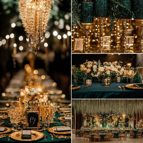 Midnight glamour wedding decor with navy and emerald colors, glittering gold accents, and twinkling lights for a luxe January celebration. Blue Green Gold Wedding Colors, Dark Teal And Gold Wedding, Glamour Wedding Decor, Navy And Emerald, Winter Start, Winter Wonderland Decor, Gold Winter Wedding, Navy And Gold Wedding, Green Gold Weddings