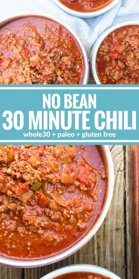 30 Minute Chili, Classic Chili Recipe, Hearty Comfort Food, Chilli Recipes, Chili Recipe Easy, Crockpot Chili, Paleo Whole 30, No Bean Chili, Ultimate Comfort Food