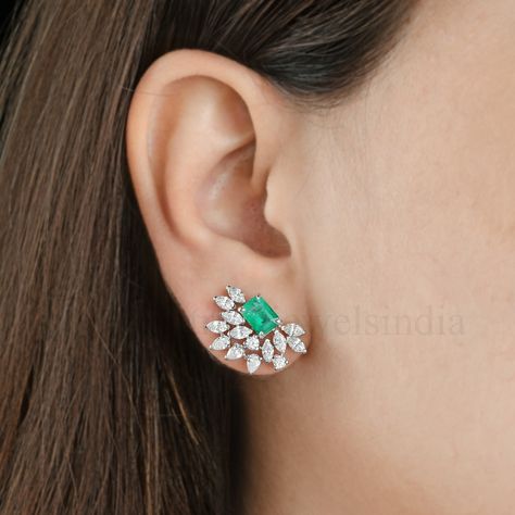 Zambian Emerald Stud Earrings, 18K White Gold Diamond Earrings, Natural Gemstone Jewelry, Dainty Gold Earring, Women Earrings, Wedding Gift Emerald Diamond Earrings Studs, Wedding Gift Items, Emerald Stud Earrings, Dainty Gold Earrings, White Gold Diamond Earrings, Emerald Earrings Studs, Jewelry Dainty, Natural Gemstone Jewelry, Zambian Emerald