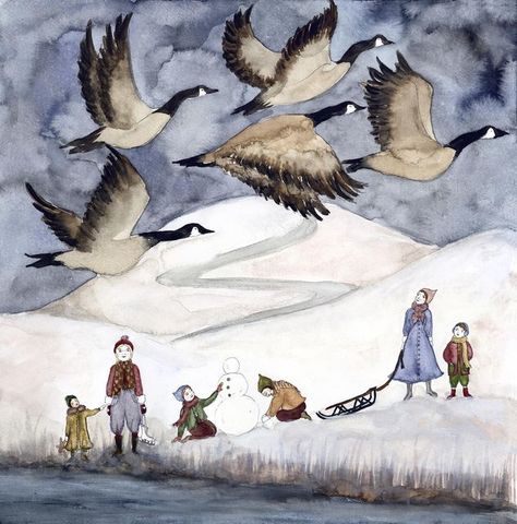 Giada Rose | Watercolor Illustrations on Instagram: "This piece is flying back around from last year, when an enormous flock of Canada geese daily and noisily settled on Wonderland lake, inspiring me to pick up a brush to try (vainly) to capture the beauty of the sight." Geese Flying, Canada Geese, Flying Geese, Art Style Inspiration, Watercolor Rose, Birds Flying, Cute Animal Drawings, Children's Book Illustration, Book Illustration