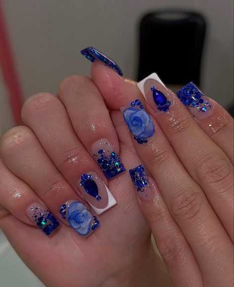 Dark Blue Short Nails, Short Quince Nails, Sweet 16 Nails, Dream Quinceanera, 8th Grade Prom, Grad Nails, Quince Nails, Quinceanera Nails, Long Acrylic Nail