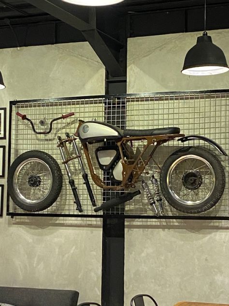 Bike On Wall Decor, Motorcycle Storage Garage, Motorcycle Table, Barbershop Design Interior, Biker Bar, Creative Wall Design, Garage Workshop Plans, Motorcycle Storage, Motorcycle Workshop