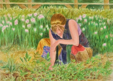 Woman Gardening Art, Herbalist Gardening Print, Landscape Art Print from Watercolor & Colored Pencil Painting by P. Tarlow by PTarlowArt on Etsy https://www.etsy.com/listing/72082773/woman-gardening-art-herbalist-gardening Woman Gardening, Message Of The Day, Garden Drawing, Landscape Art Print, Pencil Painting, Floral Prints Art, Woman Drawing, Art Landscape, Flower Beauty