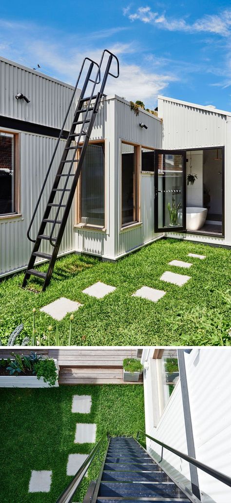 This renovated house has a small grassy area with stepping stones that lead to a steel ladder that goes up onto the roof. #Ladder #Landscaping Steps To Roof Terrace, Roof Stairs Outdoor, Terrace Ladder Design, Rooftop Stairs, Roof Stairs, Box Kayu, Roof Access Ladder, House Ladder, Garage Deck