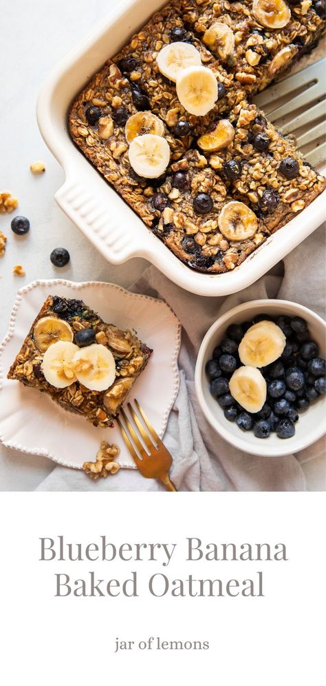 Need a quick and easy healthy breakfast recipe? This Blueberry Banana Baked Oatmeal is DELICIOUS. Soft, perfectly moist baked oatmeal that's naturally sweetened with maple syrup and bananas, then taken to the next level with warming cinnamon, chia seeds, flaxseed, and mixed-in blueberries. This recipe is gluten-free, dairy-free, vegetarian, and can be made the night before for a ready-to-go breakfast in the morning! Salads Low Carb, Good Deserts, Overnight Oats Protein, Chia Seed Oatmeal, Quick And Easy Healthy Breakfast, Protein Packed Recipes, Paleo Oatmeal, Blueberry Oatmeal Bake, Good Food Healthy