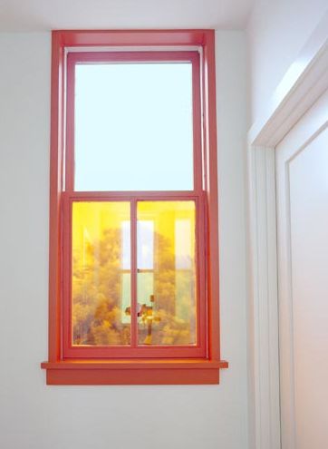 just do it Orange Window Frame, Orange Skirting Boards, Pink Window Trim, Window Frame Color Ideas, Painted Window Frame Interior, Colorful Window Trim, Painted Window Trim Interiors, Painting Ideas Window, Colorful Trim Interior