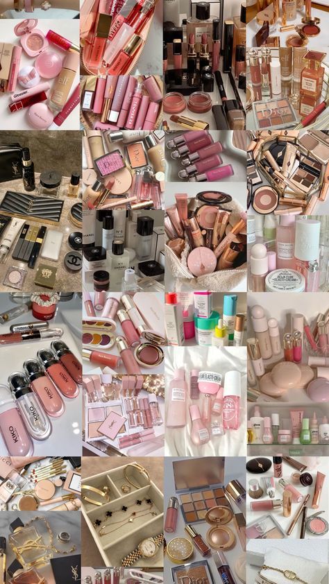 Make Up Wallpaper Aesthetic, Aesthetic Makeup And Skincare, Makeup Collage Aesthetic, Rare Beauty Wallpaper, Makeup Profile Picture, Luxury Skincare Aesthetic, Luxury Collage, Skincare Collage, Makeup Rare Beauty