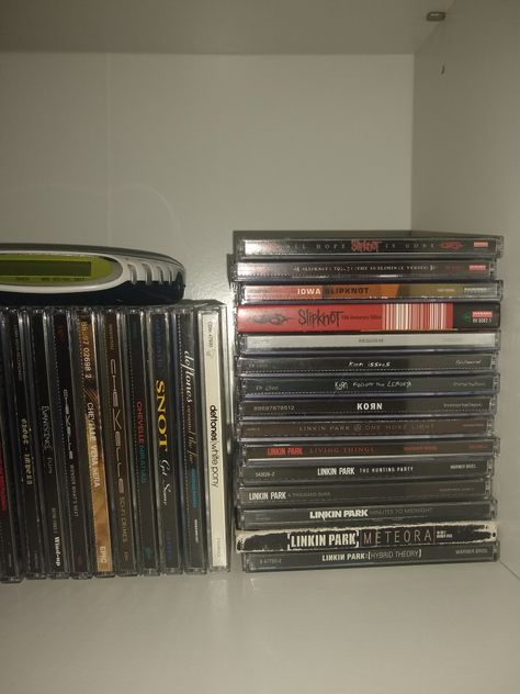 Metal Cds Aesthetic, Teenage Dirtbag Bedroom Aesthetic, Physical Media Collection, Cd Collection Aesthetic, Metal Cds, Types Of Goth, Cd Aesthetic, Physical Media, Music Studio Room