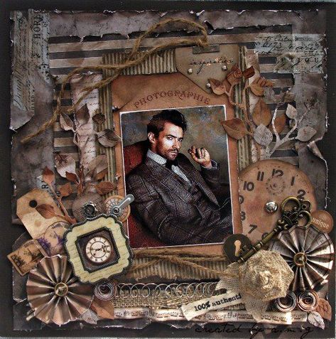 UNIQUE Steampunk Scrapbook, Masculine Scrapbook, Heritage Scrapbook Pages, Genealogy Scrapbooking, Family Layout, Finnabair Art, Scrapbook Vintage, Beautiful Scrapbook Layouts, Scrapbooking Vintage