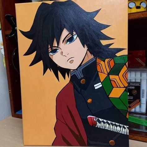 Giyu Painting, Anime Canvas Painting Demon Slayer, Anime Painting Demon Slayer, Anime Canvas Drawing, Demon Slayer Painting Ideas, Demon Slayer Acrylic Painting, Demon Slayer Painting Canvas, Demon Slayer Canvas Painting, Demon Slayer Art Drawing