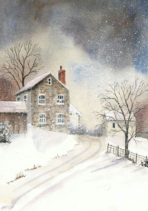 Julie Horner...A Winter's Approach Snowy House Drawing, Watercolour Houses, Watercolor House Painting, Winter Landscape Painting, Winter Illustration, Winter Watercolor, Diy Watercolor Painting, Watercolor Christmas Cards, Cottage Art